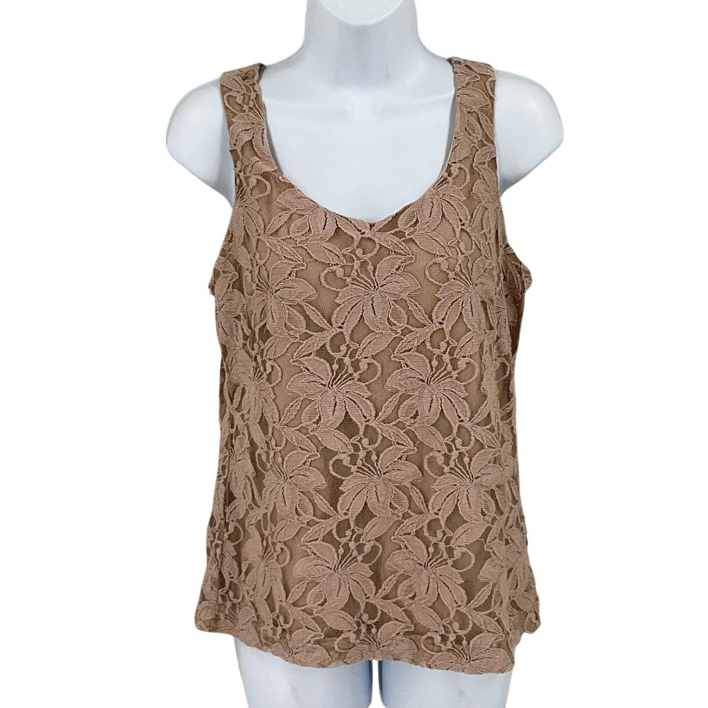 Lauren Conrad Tank Top Womens S Tan Floral Lace Tie Back Boho Romantic Cottage
